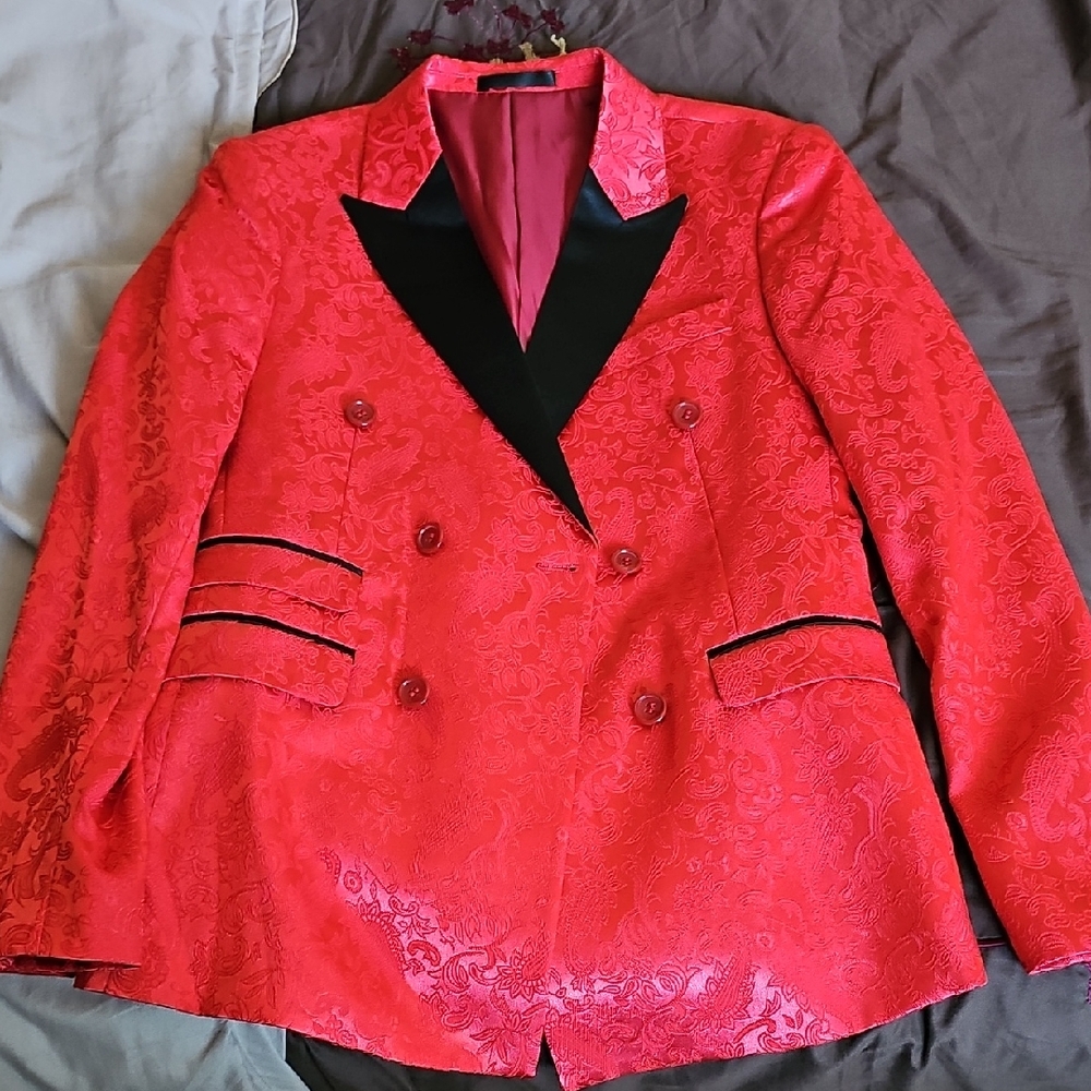 Red Double-Breasted Suit with Black Accents